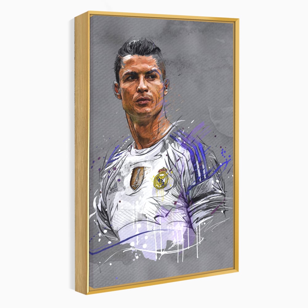 Tablou canvas cu tablou canvas cu cristiano ronaldo in tricoul real madrid, in rama de aluminiu auriu