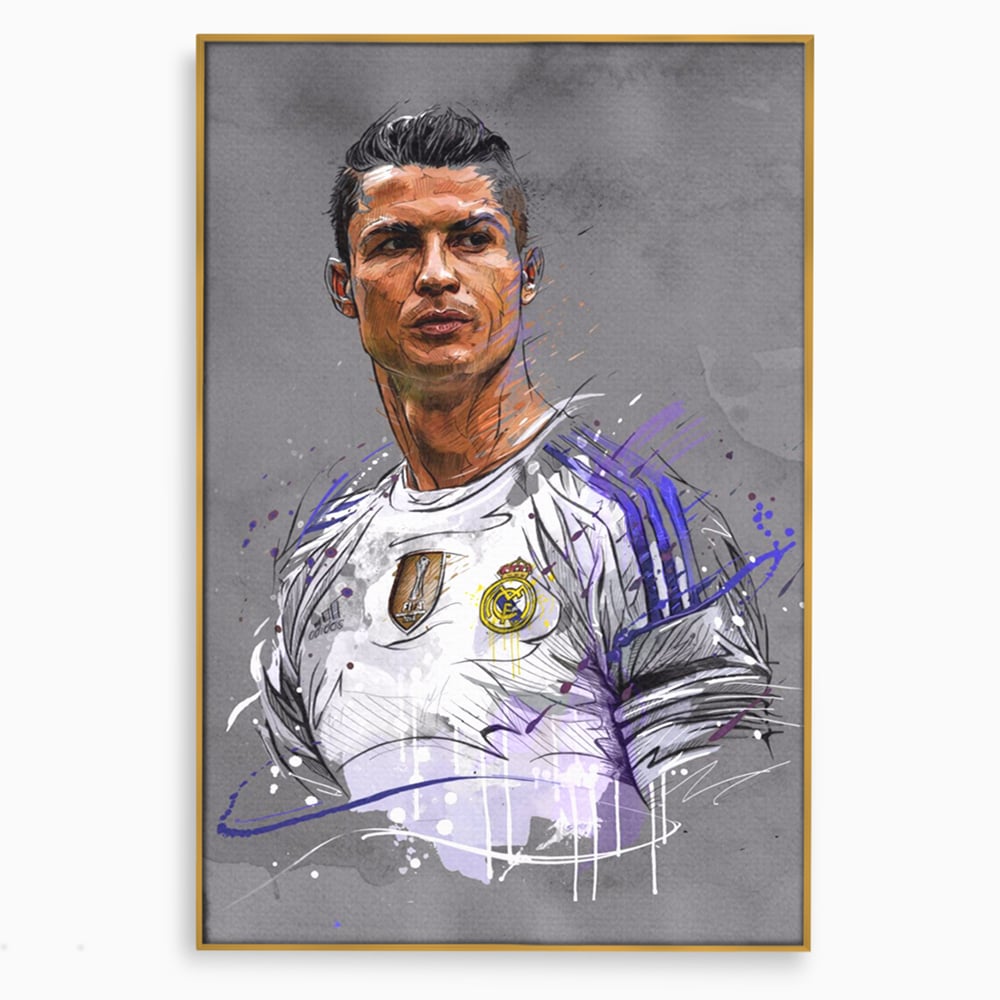 Tablou canvas cu tablou canvas cu cristiano ronaldo in tricoul real madrid, in rama de aluminiu auriu