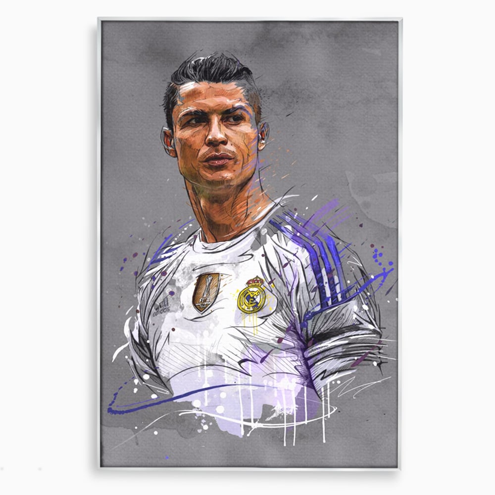 Tablou canvas cu tablou canvas cu cristiano ronaldo in tricoul real madrid, in rama de aluminiu argintiu