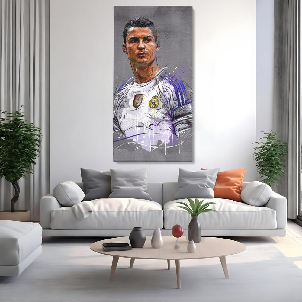 Tablou canvas cu tablou canvas cu cristiano ronaldo in tricoul real madrid, fara rama, pe sasiu de lemn, pe perete intr-un living