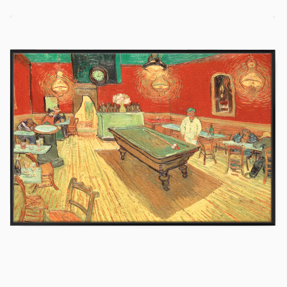 Tablou canvas cu reproducere pictura biliard intr-un bar, in rama de aluminiu negru