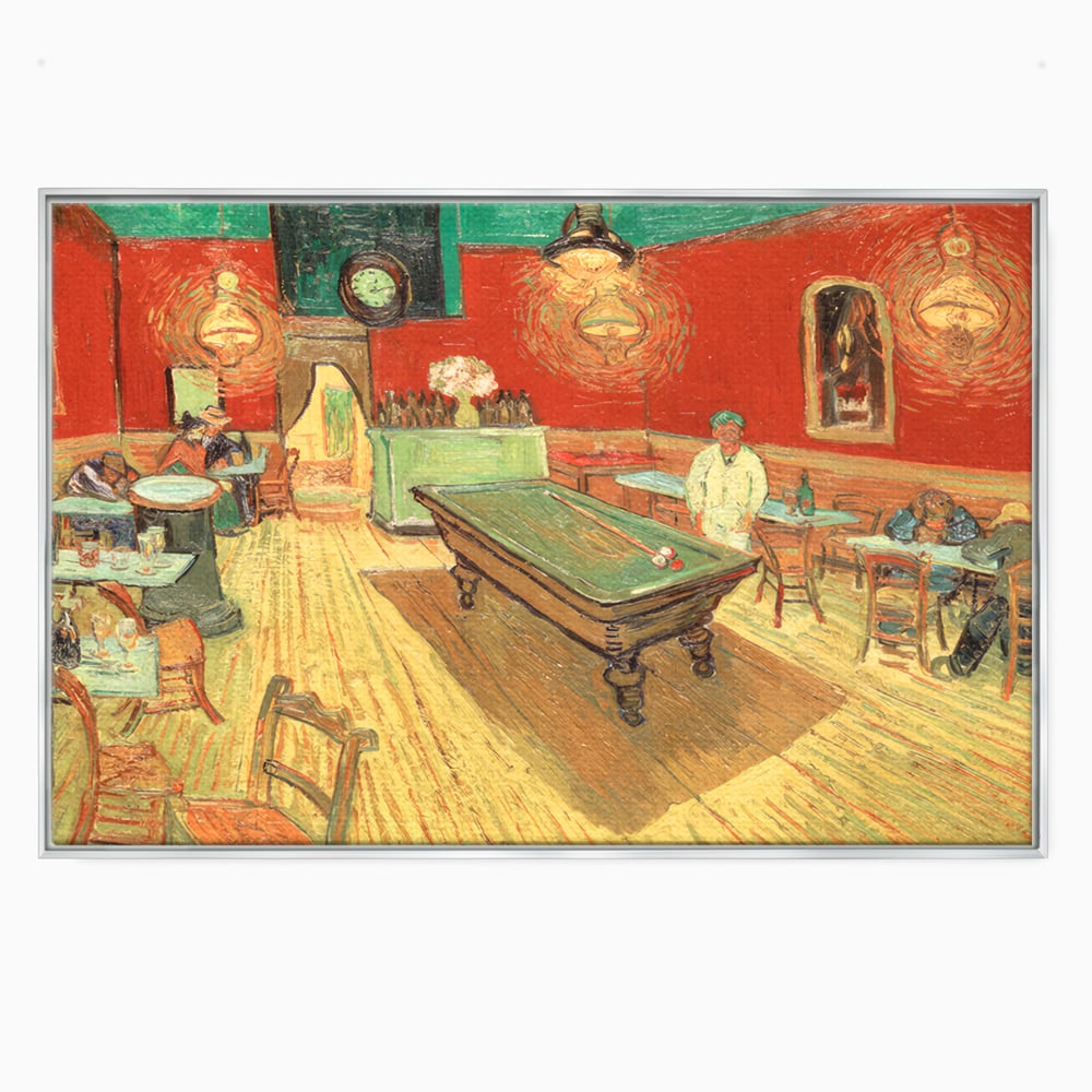 Tablou canvas cu reproducere pictura biliard intr-un bar, in rama de aluminiu argintiu