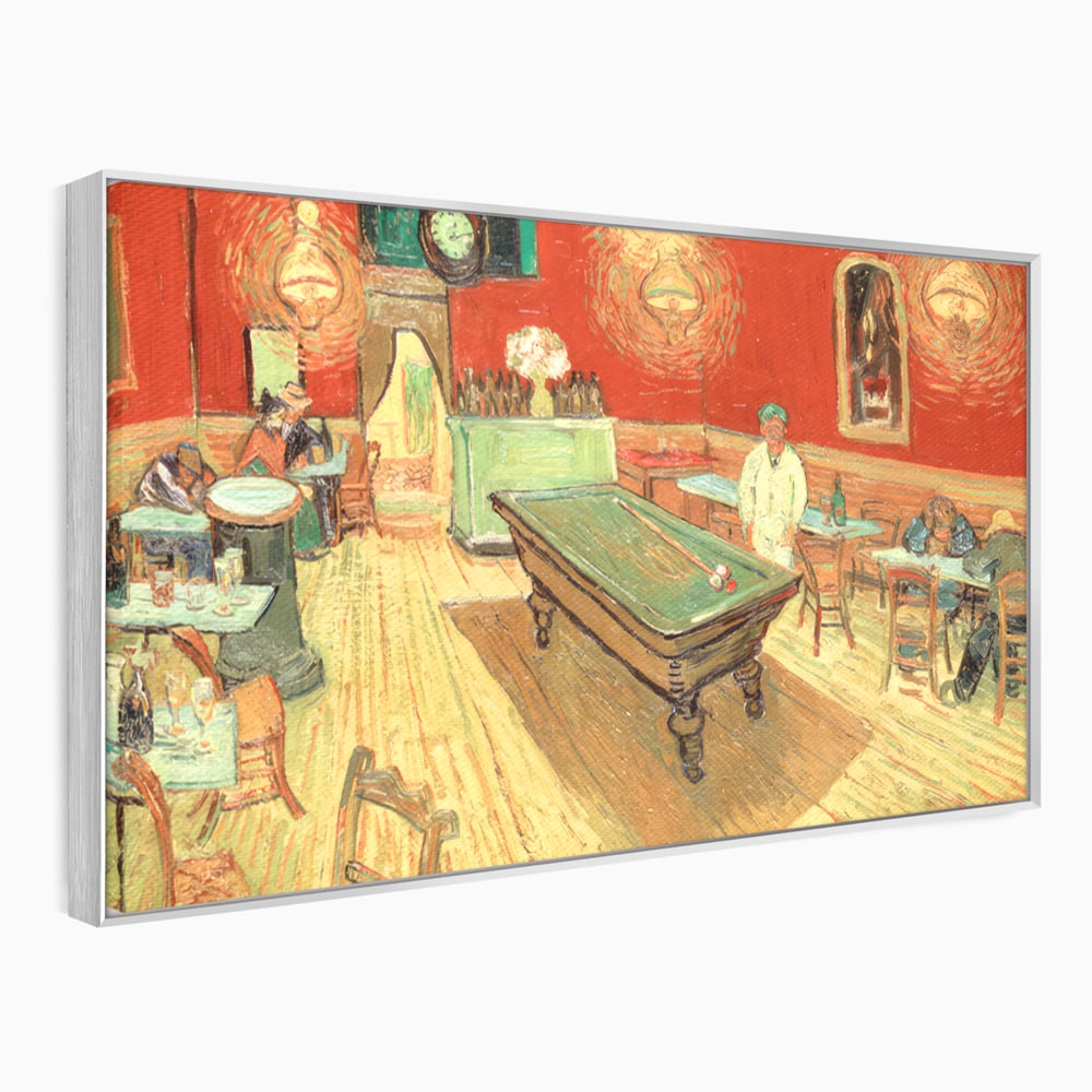 Tablou canvas cu reproducere pictura biliard intr-un bar, in rama de aluminiu argintiu