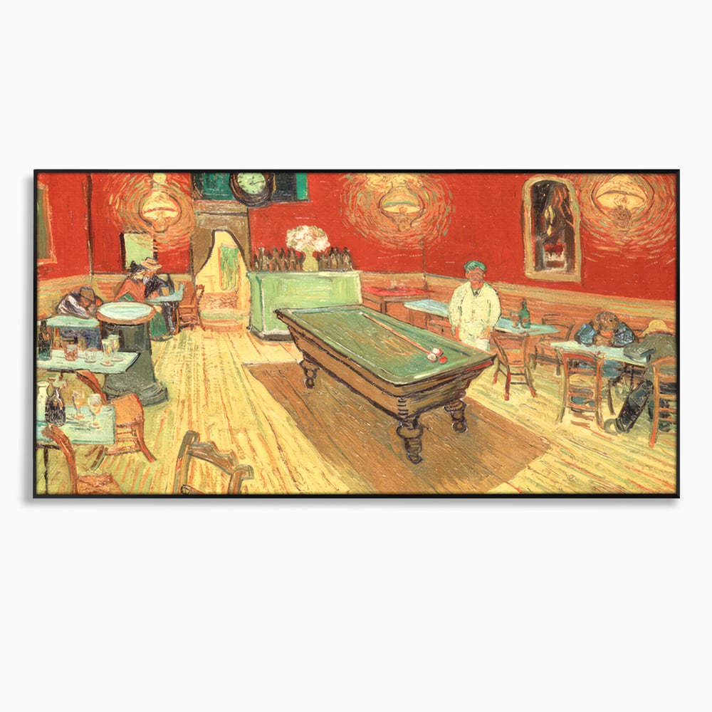 Tablou canvas cu reproducere pictura biliard intr-un bar, in rama de aluminiu negru