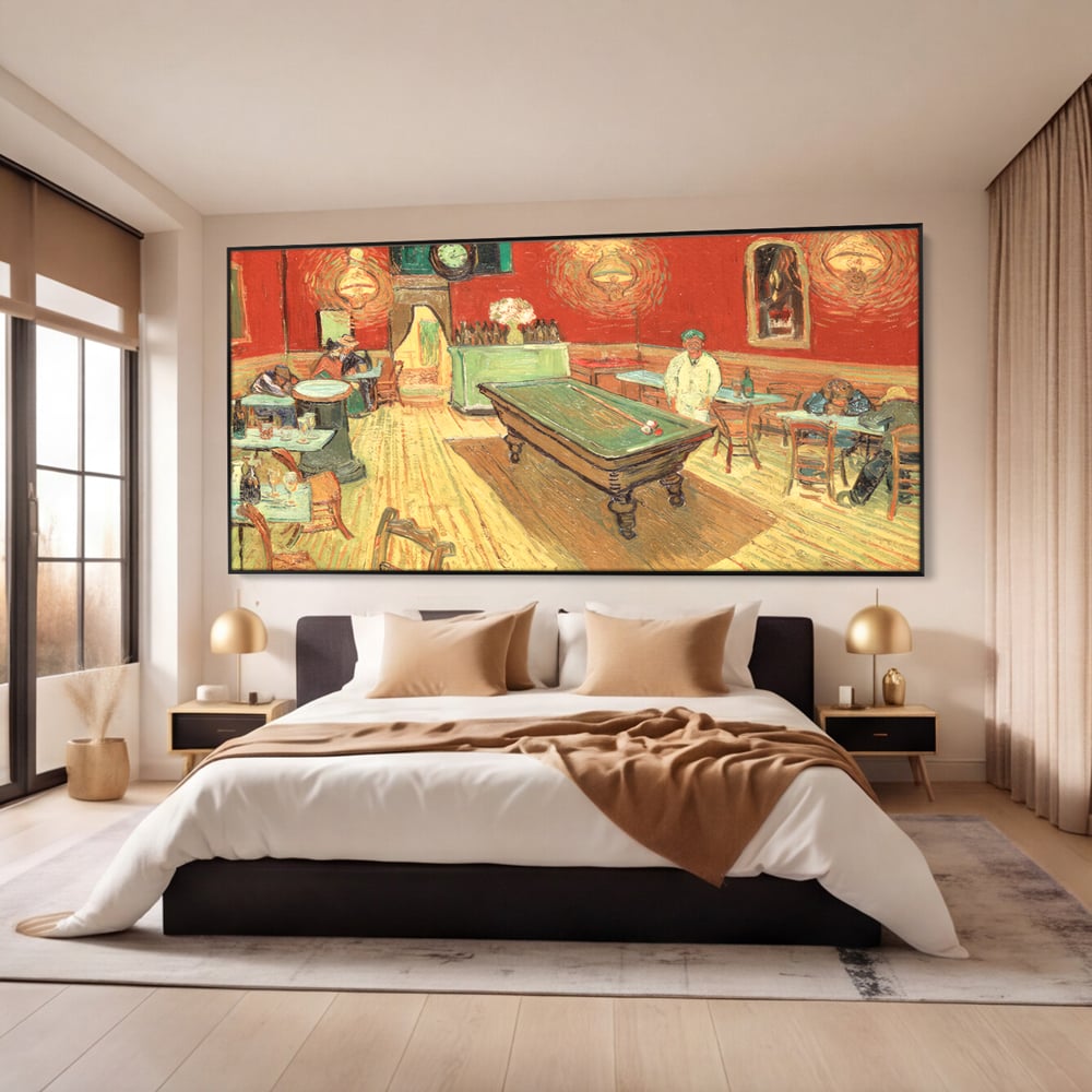 Tablou canvas cu reproducere pictura biliard intr-un bar, in rama de aluminiu negru, pe perete intr-un dormitor