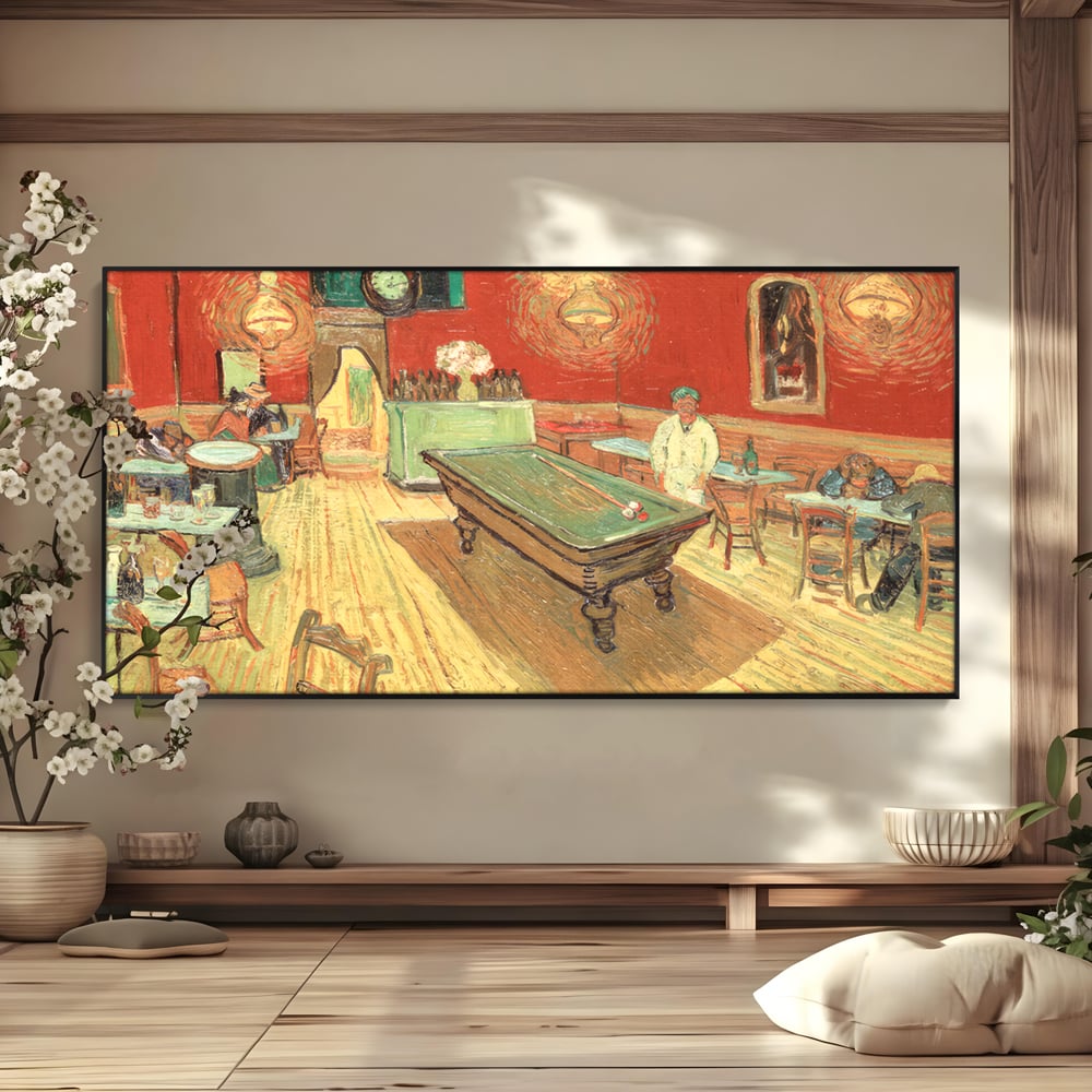 Tablou canvas cu reproducere pictura biliard intr-un bar, in rama de aluminiu negru