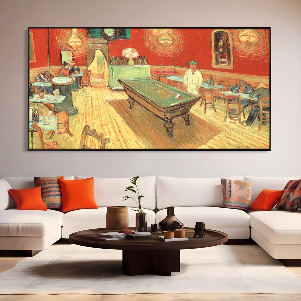 Tablou canvas cu reproducere pictura biliard intr-un bar, in rama de aluminiu negru, pe perete intr-un living