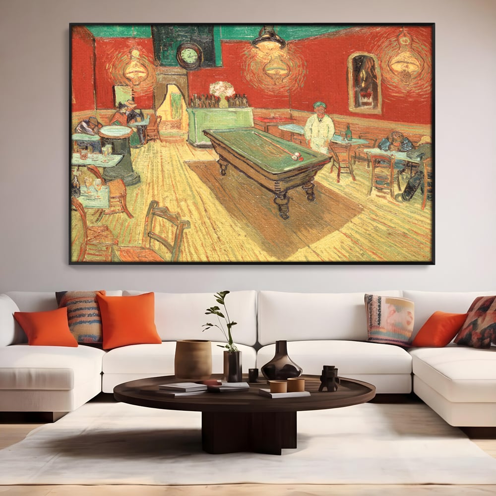 Tablou canvas cu reproducere pictura biliard intr-un bar, in rama de aluminiu negru, pe perete intr-un living