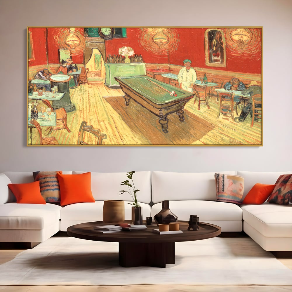 Tablou canvas cu reproducere pictura biliard intr-un bar, in rama de aluminiu auriu, pe perete intr-un living