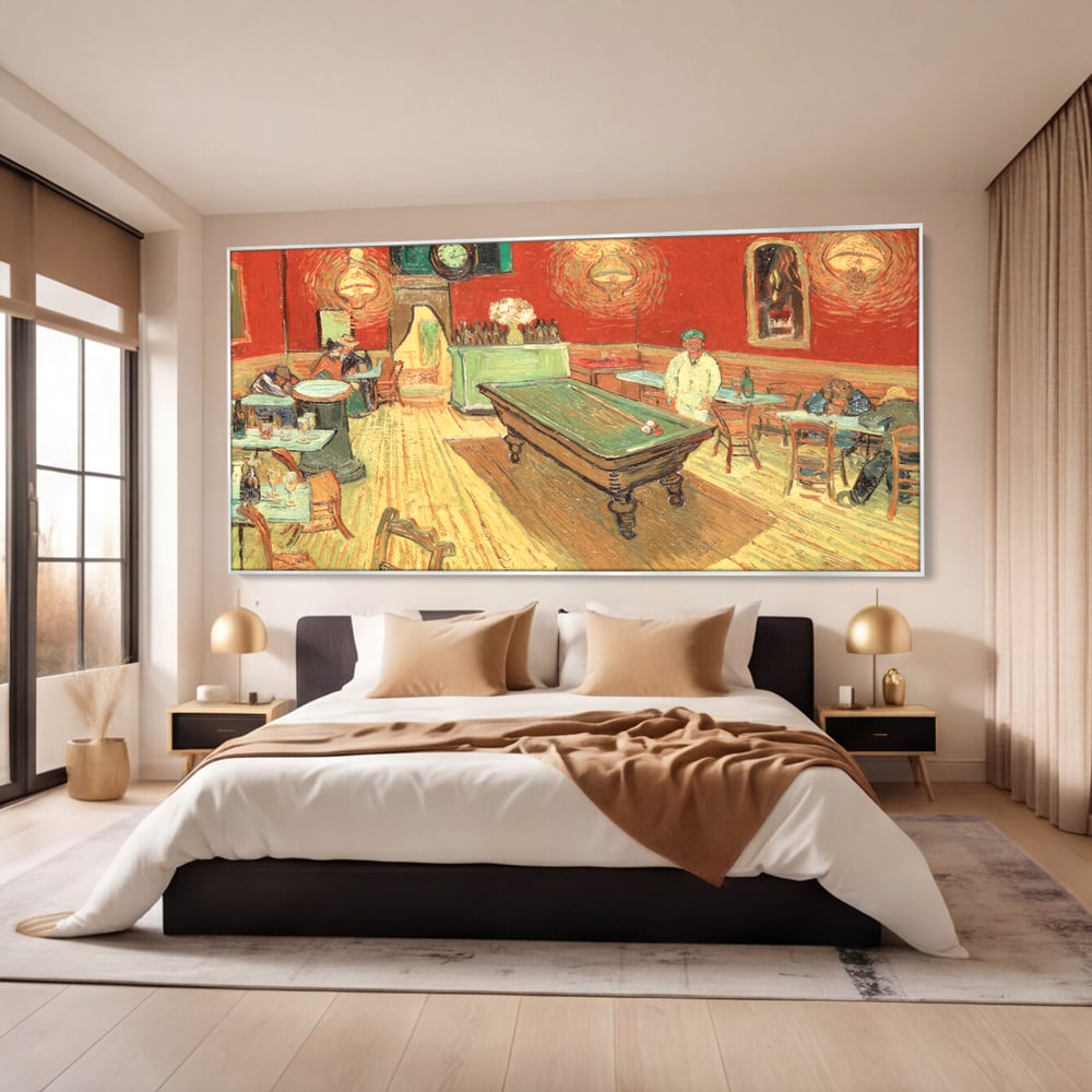 Tablou canvas cu reproducere pictura biliard intr-un bar, in rama de aluminiu argintiu, pe perete intr-un dormitor
