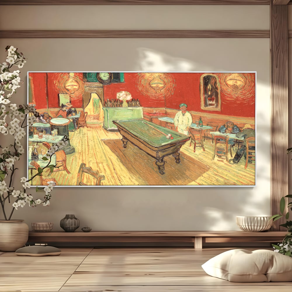 Tablou canvas cu reproducere pictura biliard intr-un bar, in rama de aluminiu argintiu