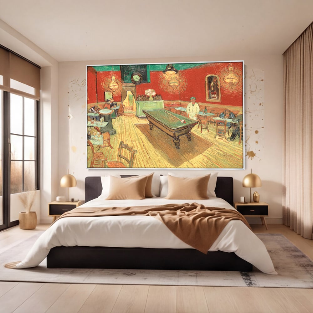 Tablou canvas cu reproducere pictura biliard intr-un bar, in rama de aluminiu argintiu, pe perete intr-un dormitor