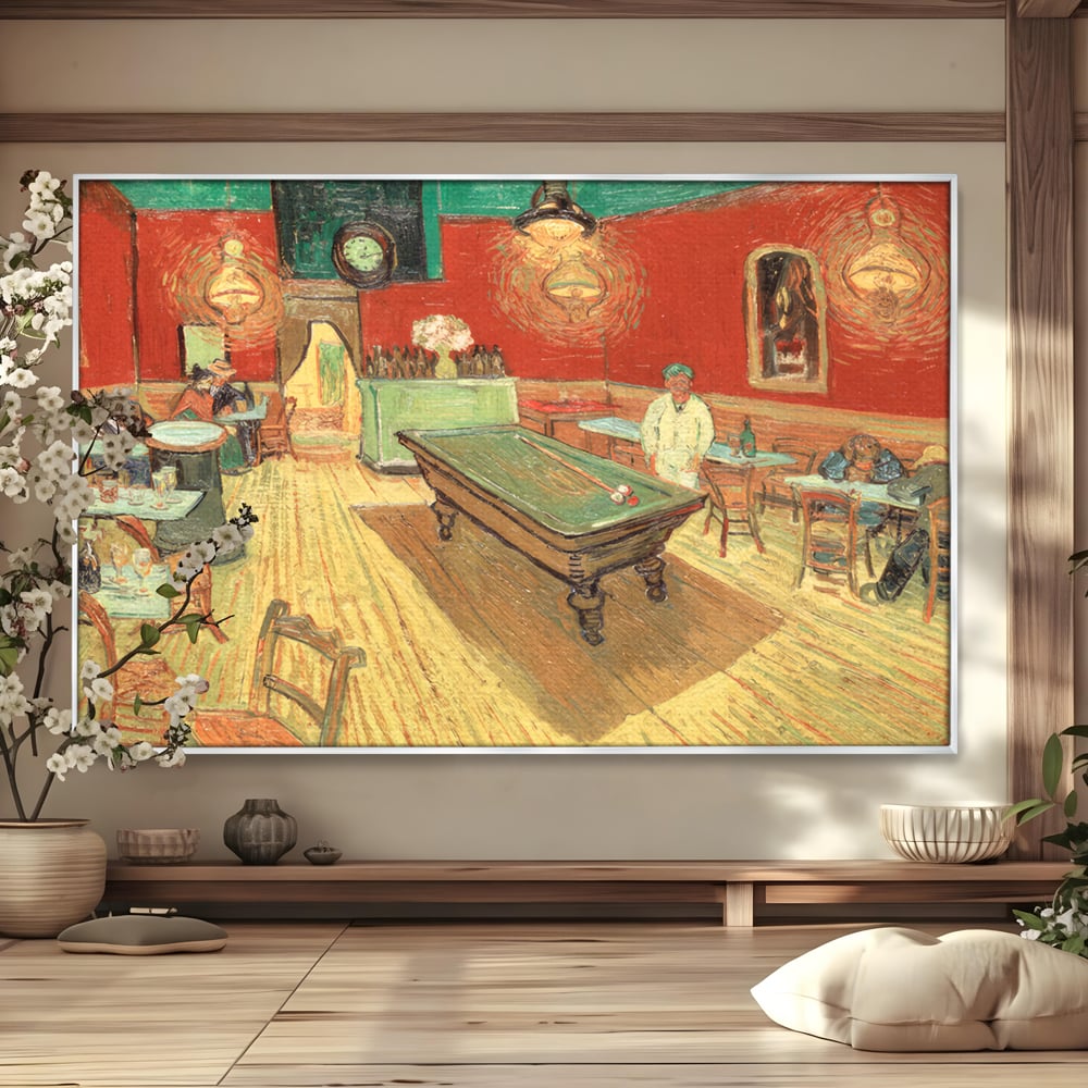 Tablou canvas cu reproducere pictura biliard intr-un bar, in rama de aluminiu argintiu