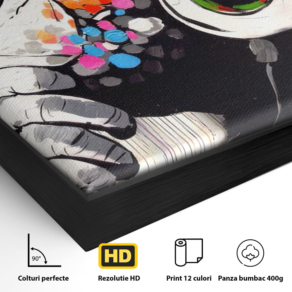 Detaliu al suprafetei: tablou canvas cu maimuta dj, in rama de aluminiu negru