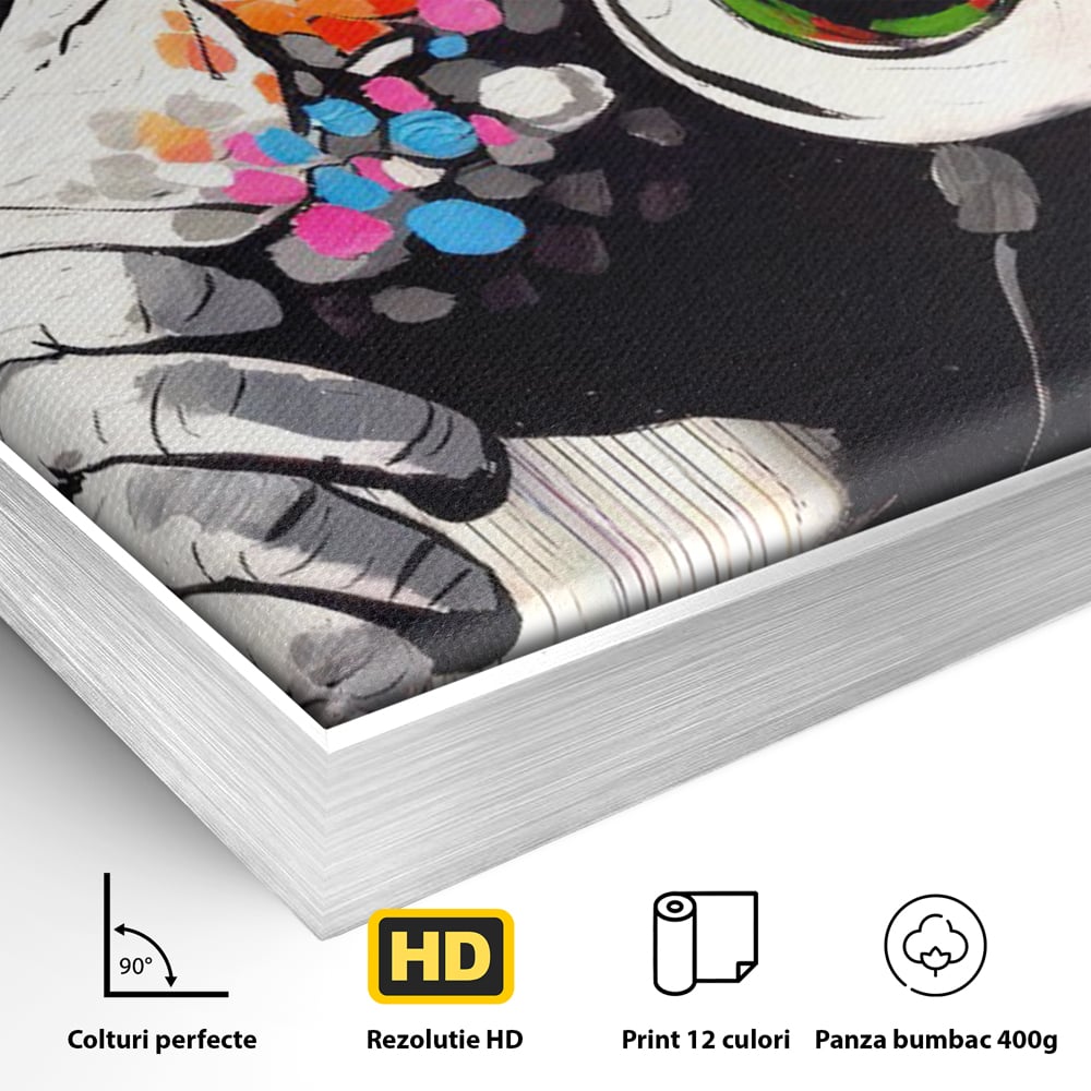 Detaliu al suprafetei: tablou canvas cu maimuta dj, in rama de aluminiu argintiu