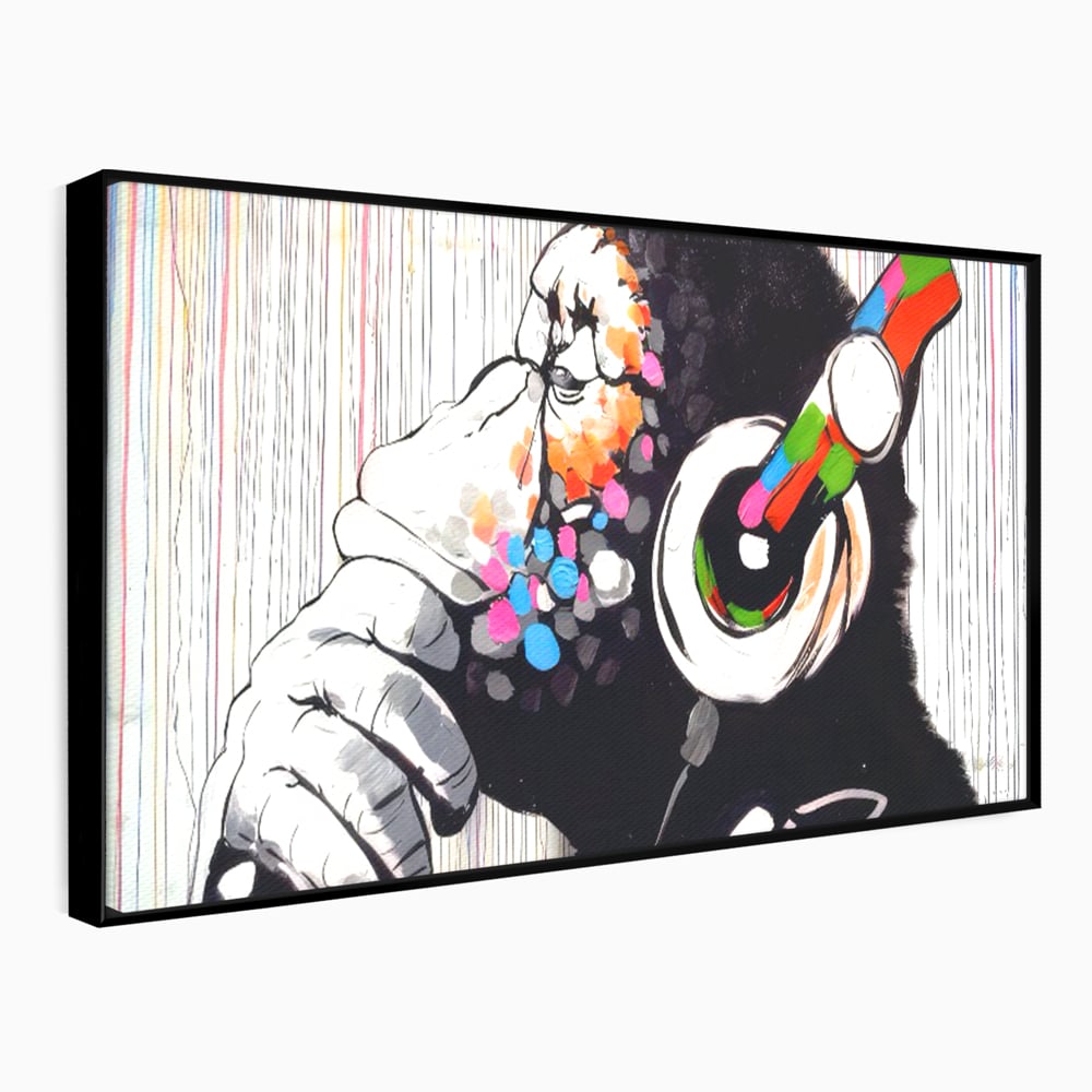Tablou canvas cu tablou canvas cu maimuta dj, in rama de aluminiu negru