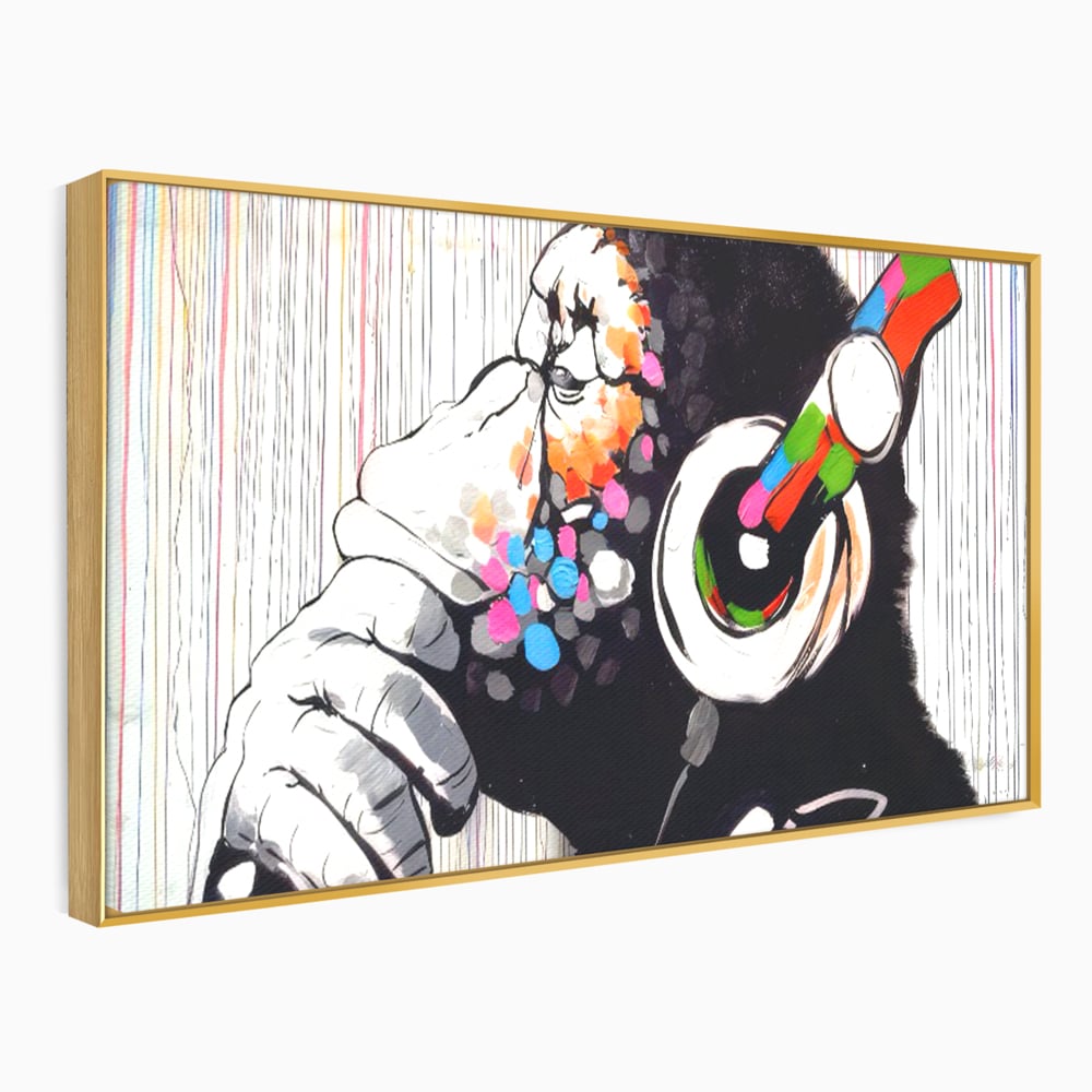 Tablou canvas cu tablou canvas cu maimuta dj, in rama de aluminiu auriu