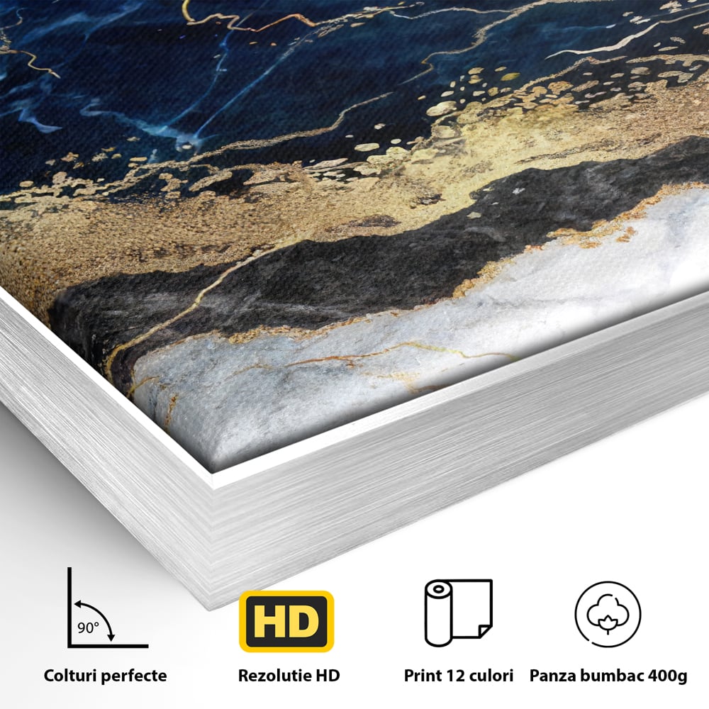 Detaliu al suprafetei: tablou canvas cu marmura abstracta, in rama de aluminiu argintiu