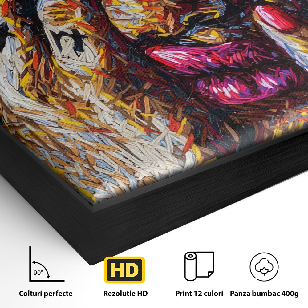 Detaliu al suprafetei: tablou canvas cu portret stilizat, in rama de aluminiu negru