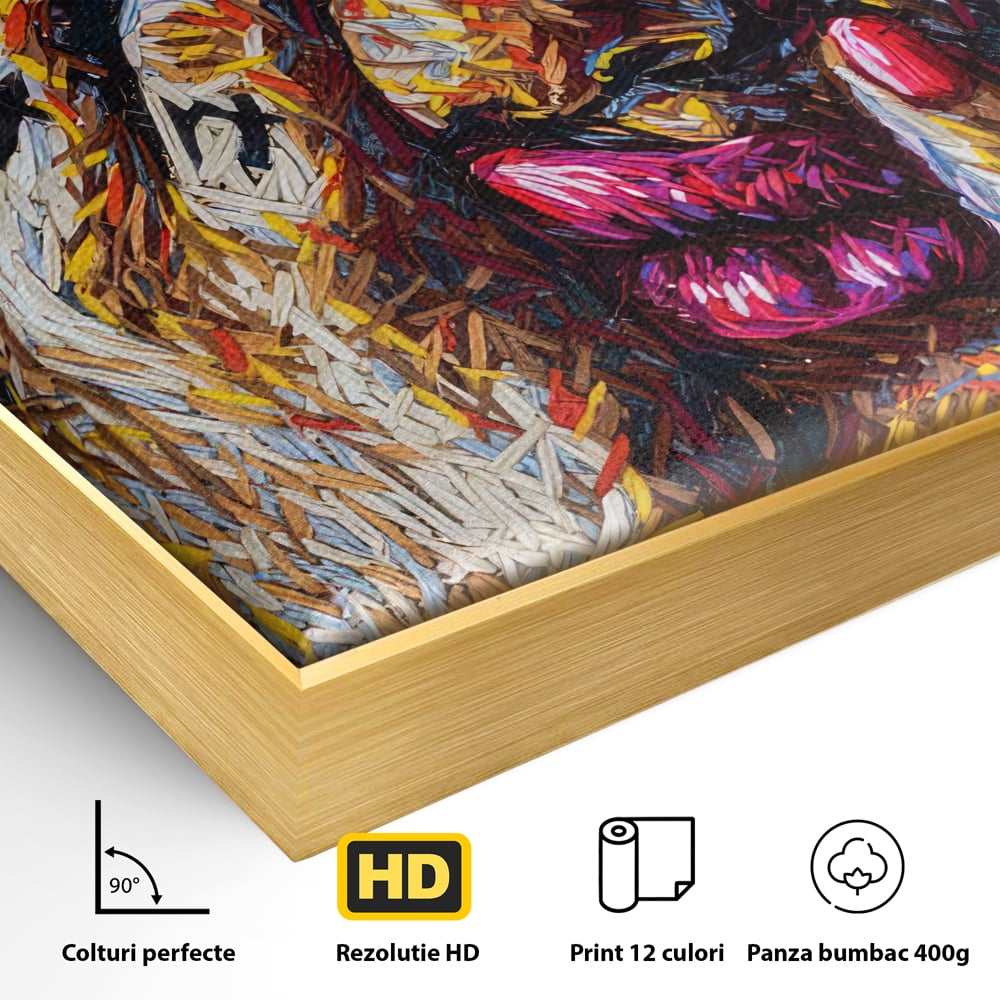 Detaliu al suprafetei: tablou canvas cu portret stilizat, in rama de aluminiu auriu