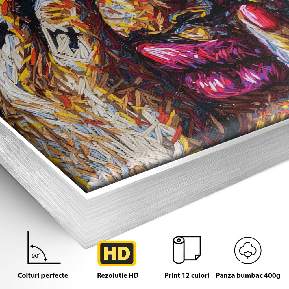 Detaliu al suprafetei: tablou canvas cu portret stilizat, in rama de aluminiu argintiu