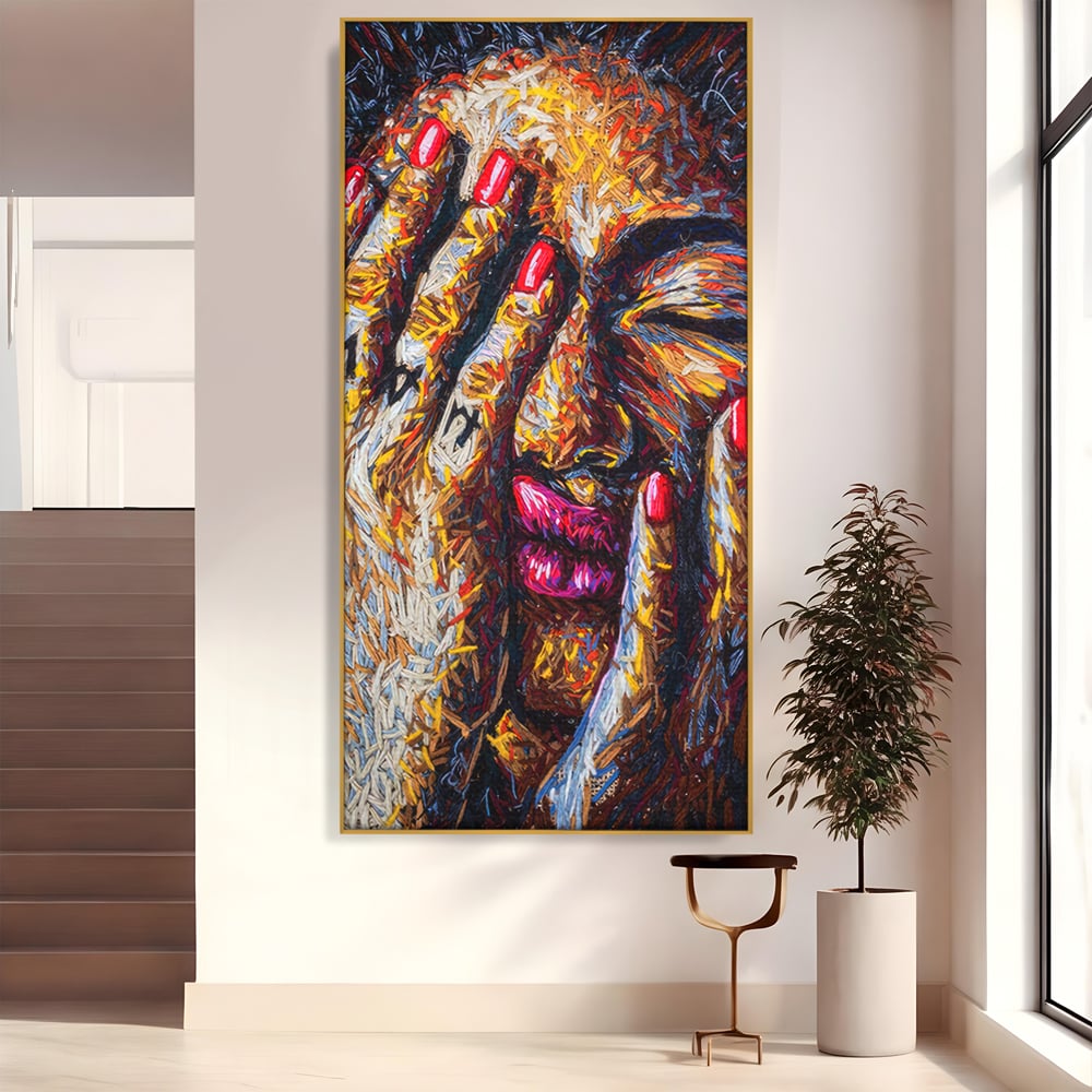 Tablou canvas cu tablou canvas cu portret stilizat, in rama de aluminiu auriu