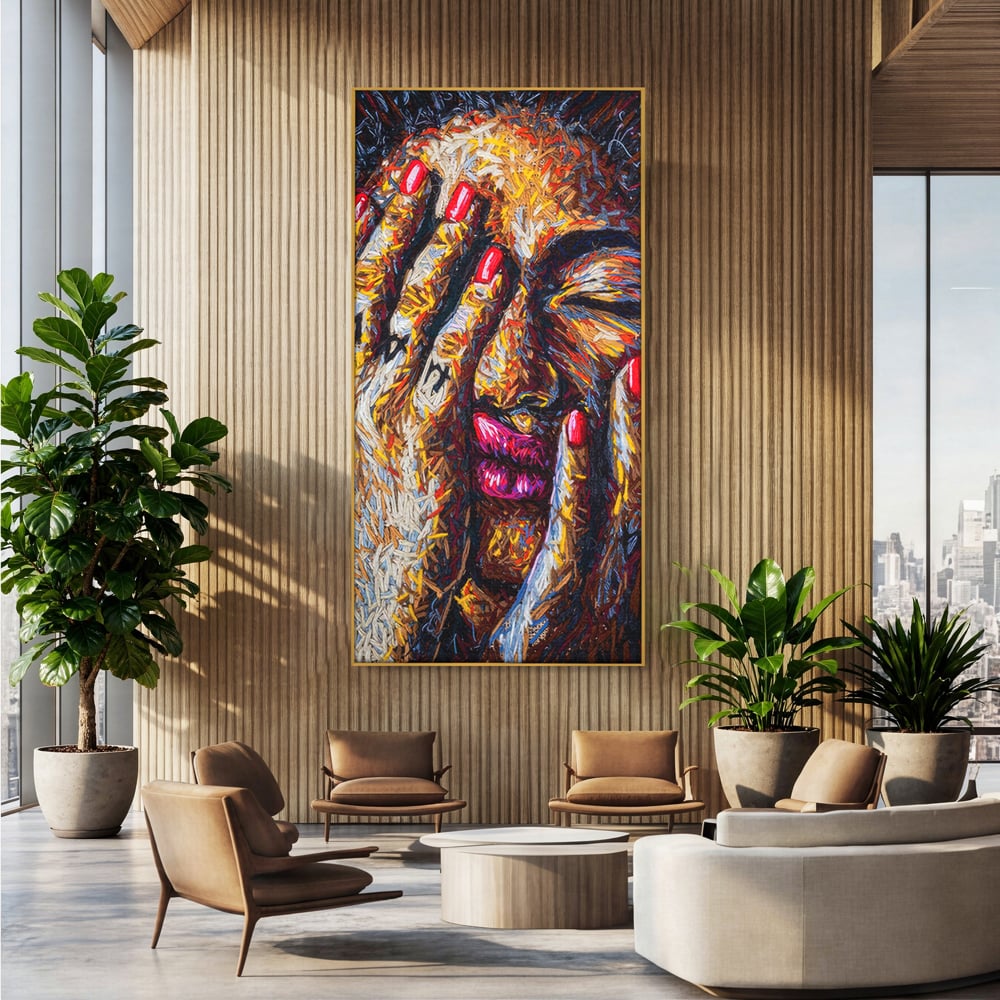 Tablou canvas cu tablou canvas cu portret stilizat, in rama de aluminiu auriu, pe perete intr-un birou
