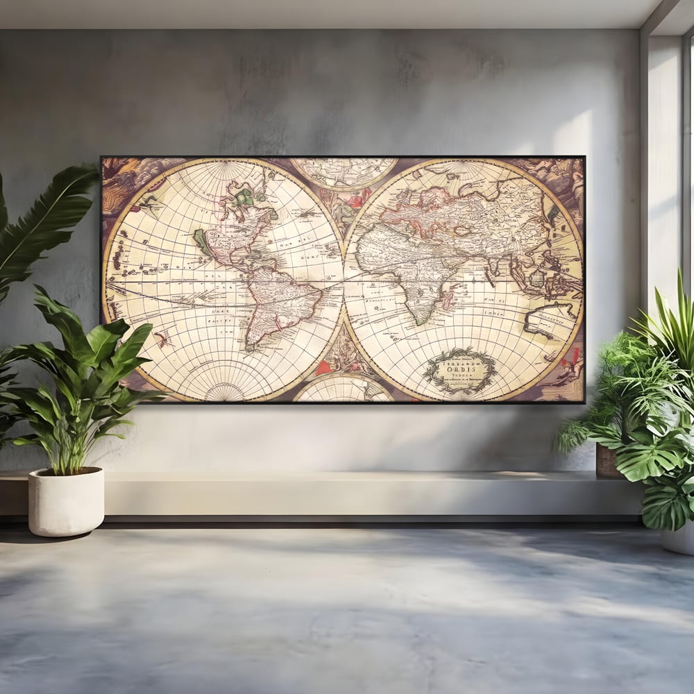 Tablou canvas cu ilustratie veche cu glob pamantesc, in rama de aluminiu negru