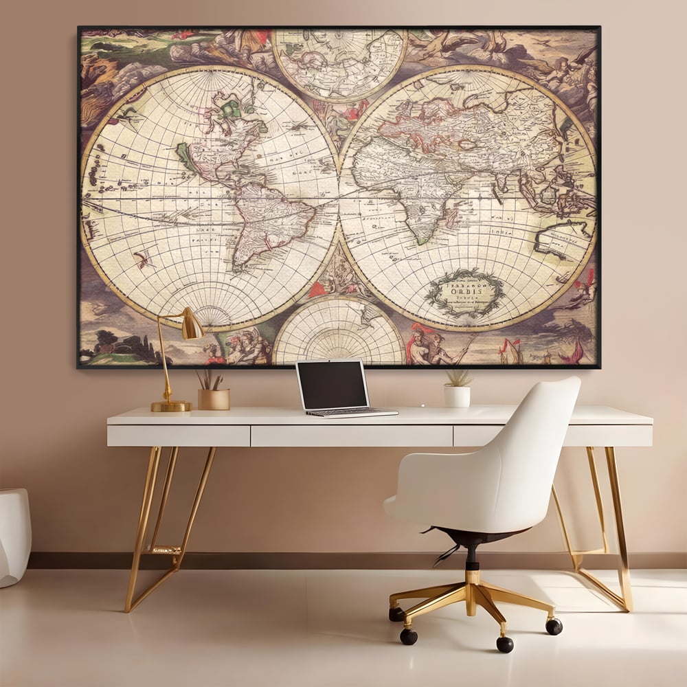 Tablou canvas cu ilustratie veche cu glob pamantesc, in rama de aluminiu negru, pe perete intr-un birou