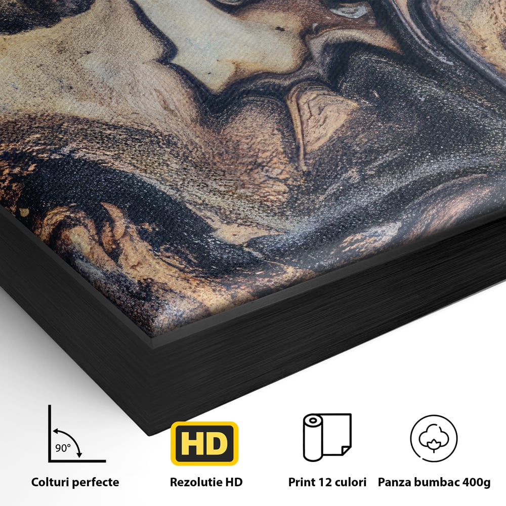 Detaliu al suprafetei: tablou canvas cu pictura abstracta aurie si neagra, in rama de aluminiu negru