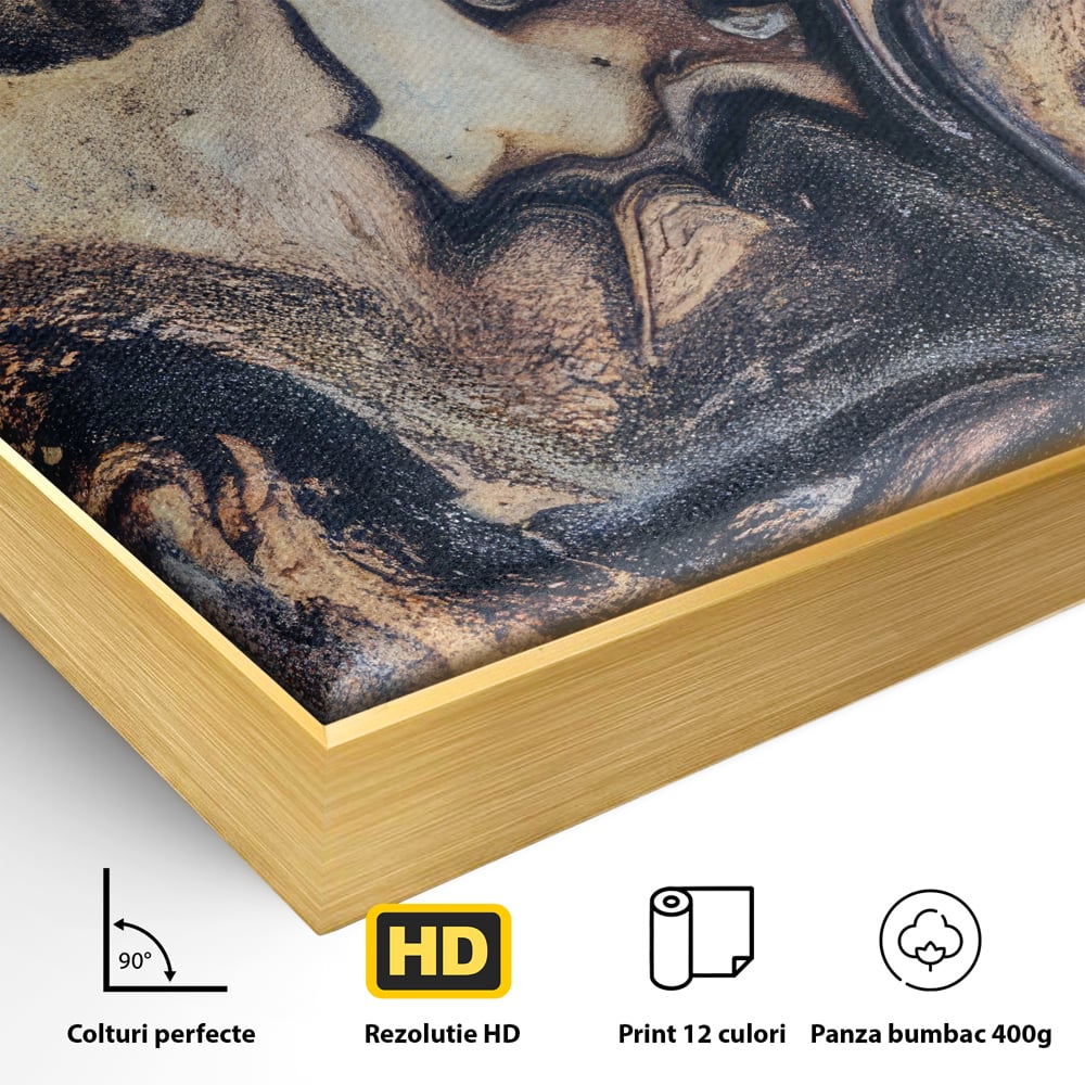 Detaliu al suprafetei: tablou canvas cu pictura abstracta aurie si neagra, in rama de aluminiu auriu