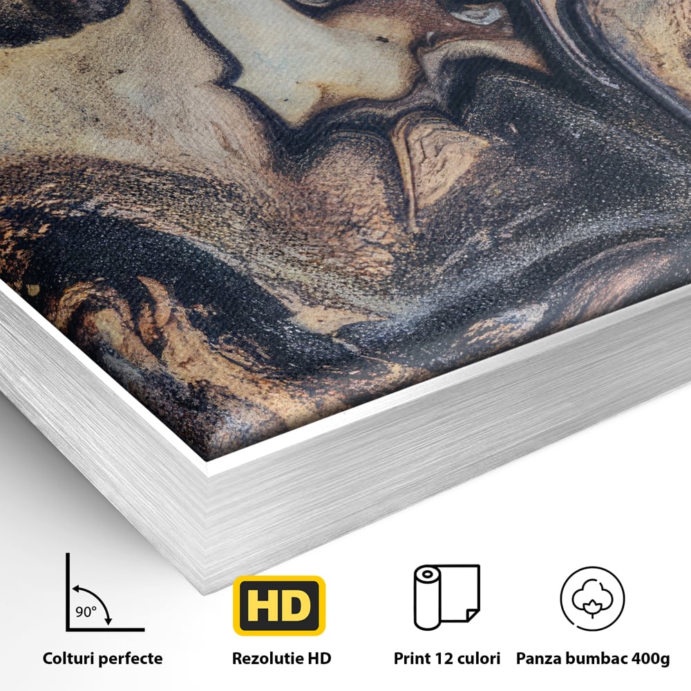 Detaliu al suprafetei: tablou canvas cu pictura abstracta aurie si neagra, in rama de aluminiu argintiu