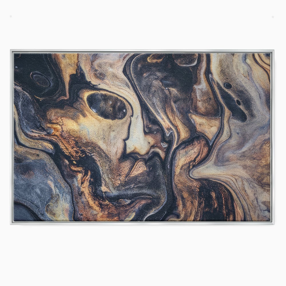 Tablou canvas cu tablou canvas cu pictura abstracta aurie si neagra, in rama de aluminiu argintiu