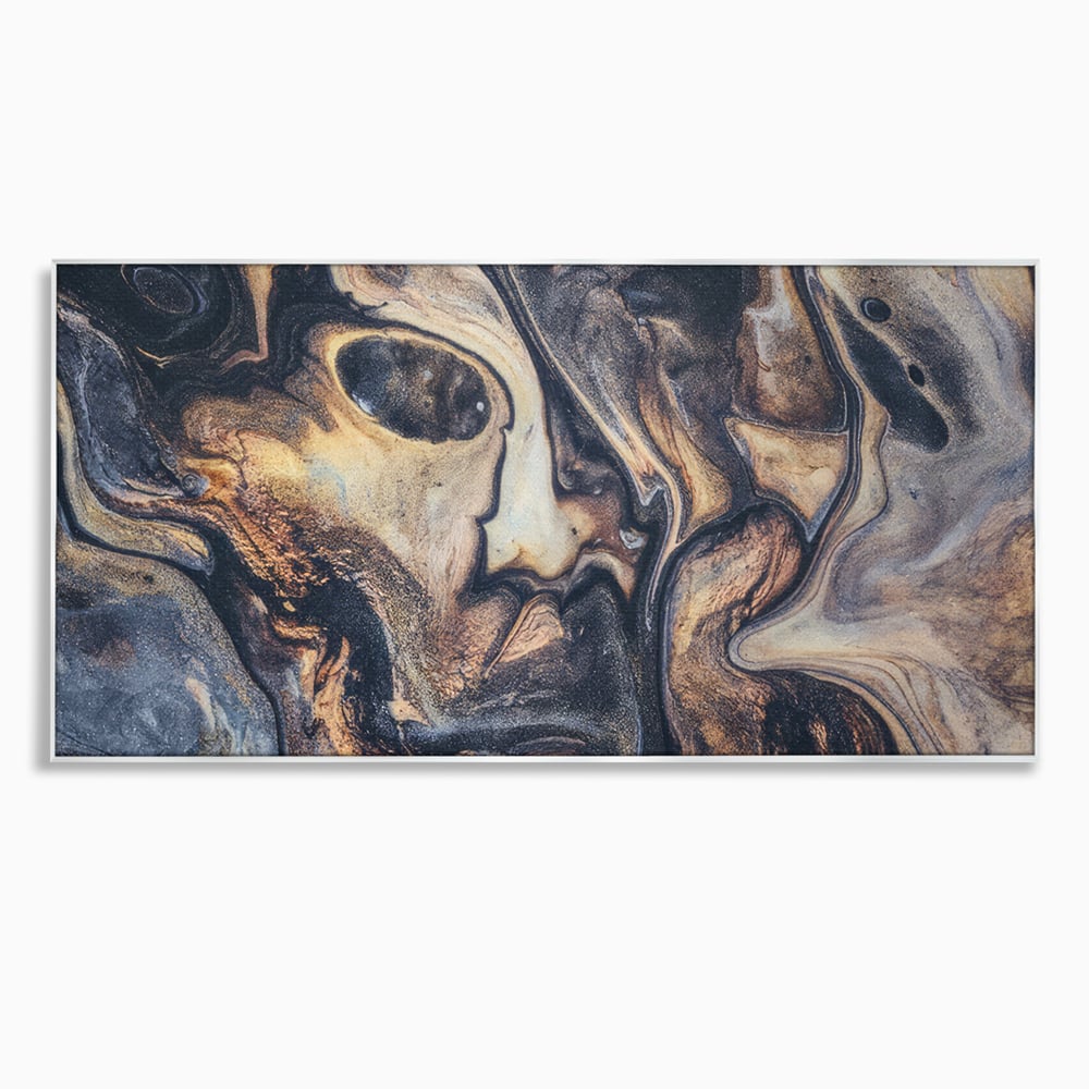 Tablou canvas cu tablou canvas cu pictura abstracta aurie si neagra, in rama de aluminiu argintiu
