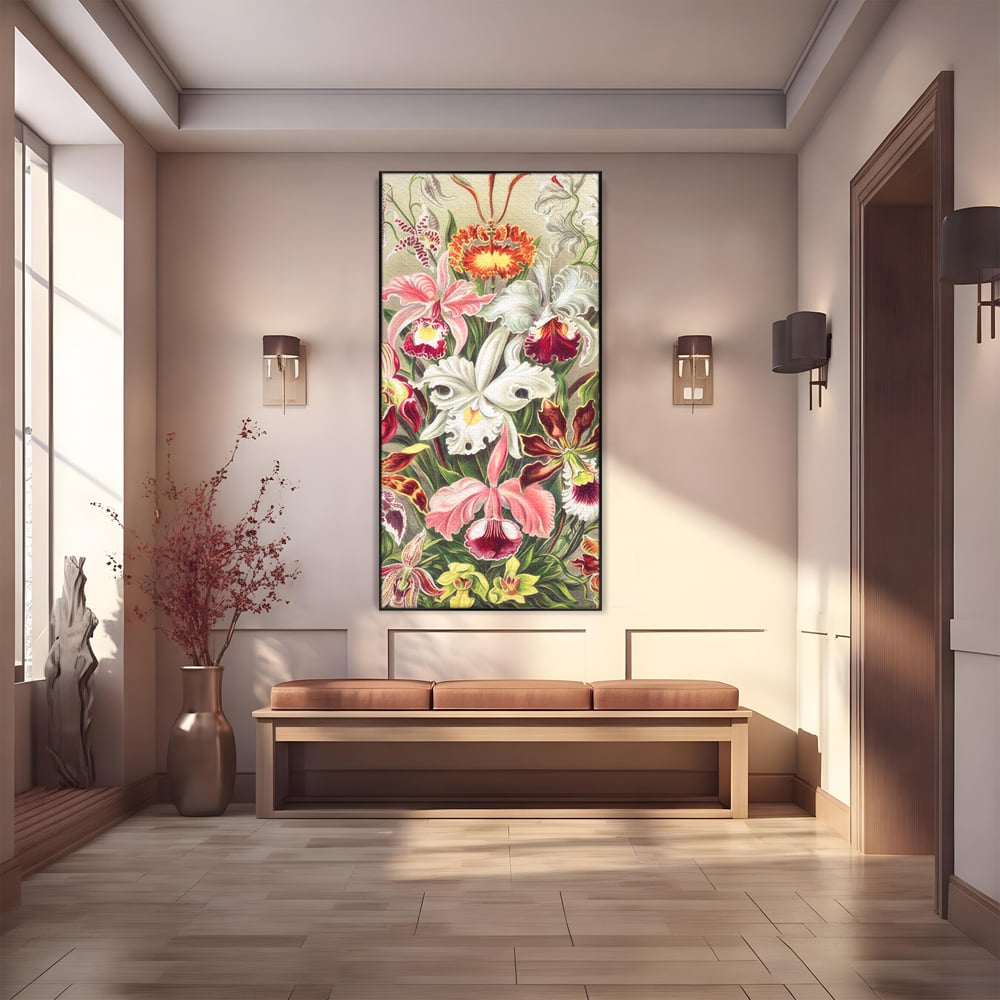 Tablou canvas cu ilustratie botanica cu orhidee multicolore, in rama de aluminiu negru
