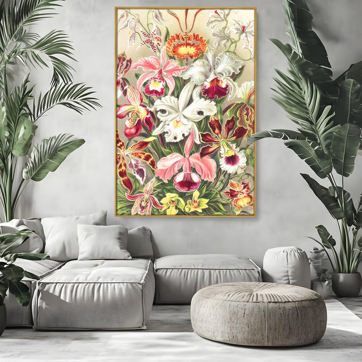 Tablou canvas cu ilustratie botanica cu orhidee multicolore, in rama de aluminiu auriu, pe perete intr-un living