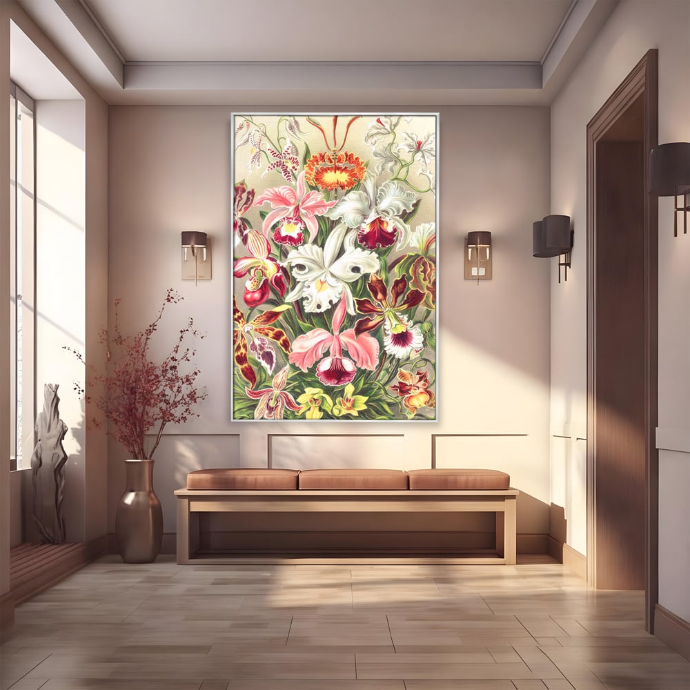 Tablou canvas cu ilustratie botanica cu orhidee multicolore, in rama de aluminiu argintiu