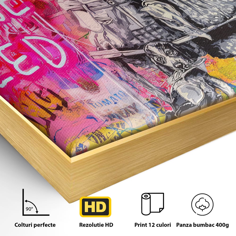 Detaliu al suprafetei: tablou canvas cu graffiti si cuplu pe banca, in rama de aluminiu auriu