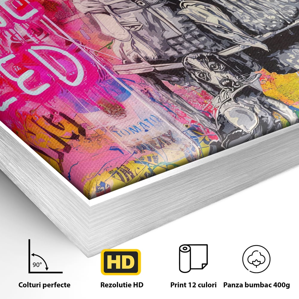 Detaliu al suprafetei: tablou canvas cu graffiti si cuplu pe banca, in rama de aluminiu argintiu