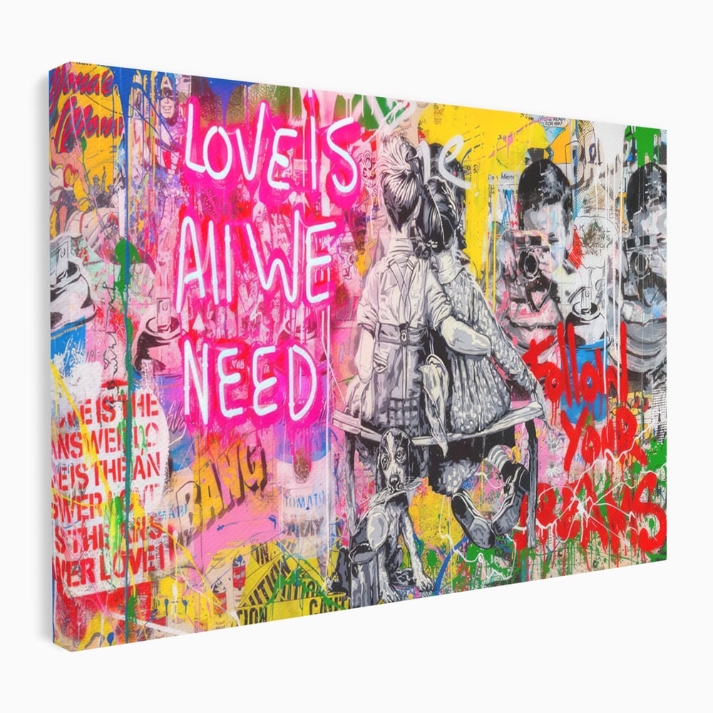 Tablou canvas cu tablou canvas cu graffiti si cuplu pe banca, fara rama, pe sasiu de lemn