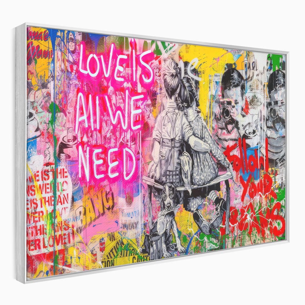 Tablou canvas cu tablou canvas cu graffiti si cuplu pe banca, in rama de aluminiu argintiu