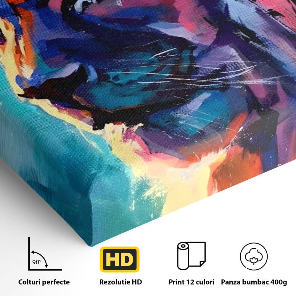 Detaliu al suprafetei: tablou canvas cu leu colorat, fara rama, pe sasiu de lemn