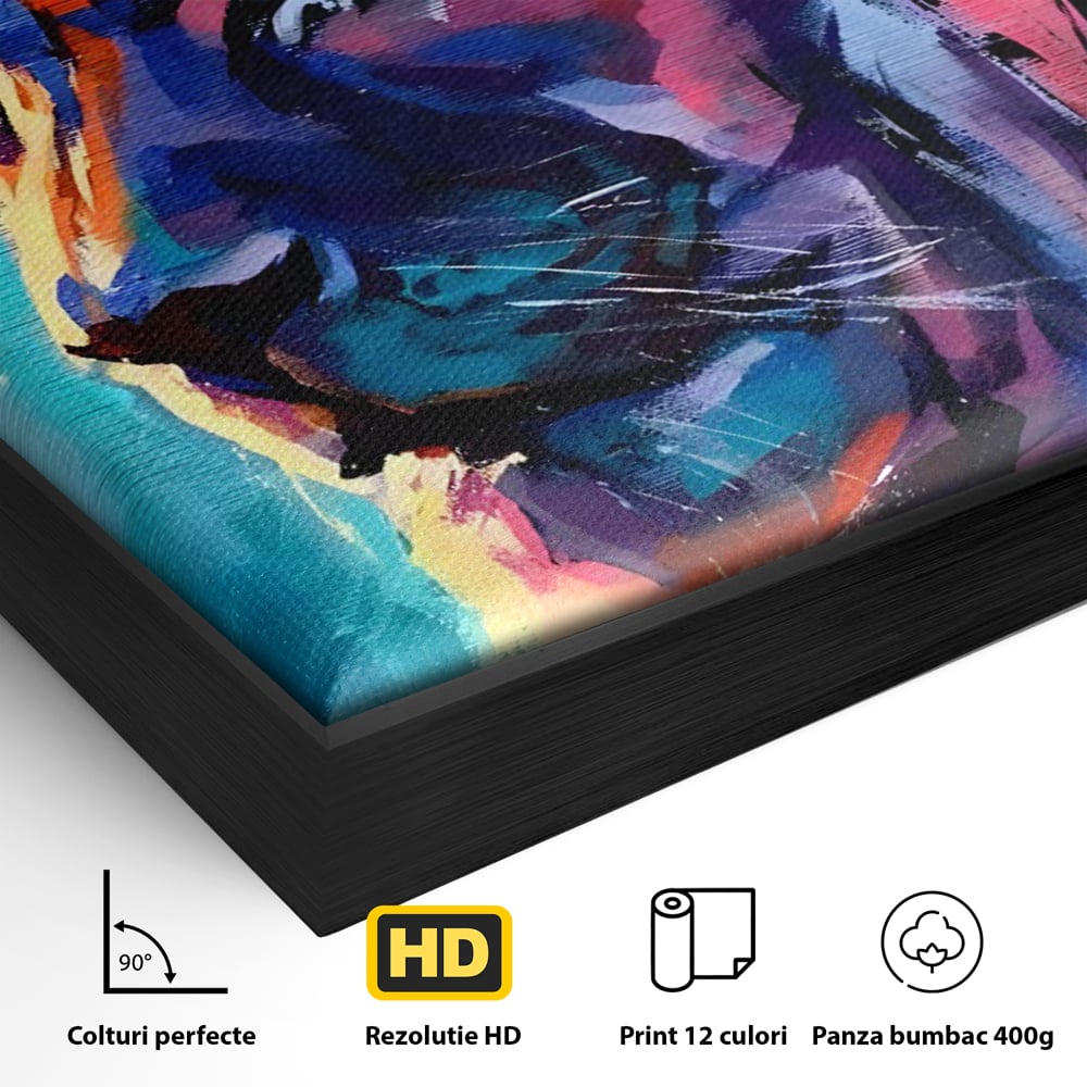 Detaliu al suprafetei: tablou canvas cu leu colorat, in rama de aluminiu negru