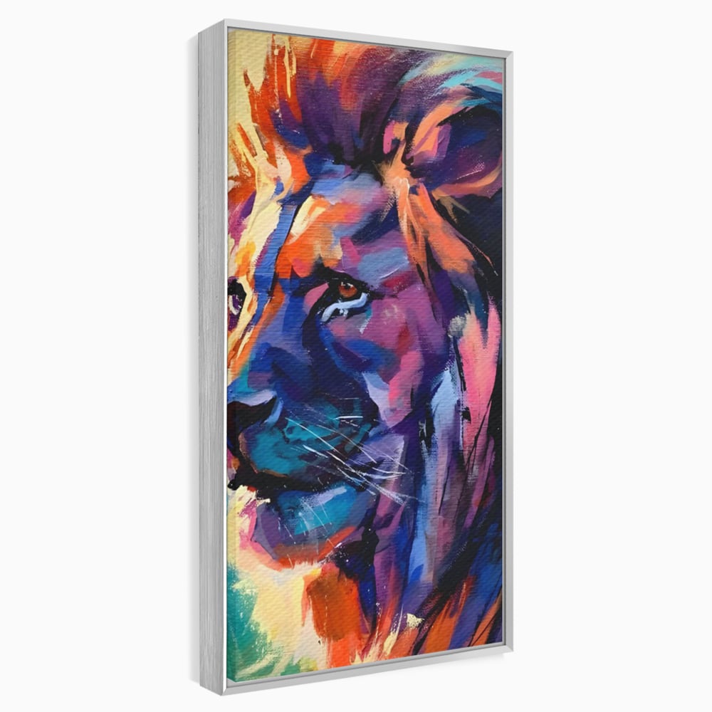 Tablou canvas cu tablou canvas cu leu colorat, in rama de aluminiu argintiu