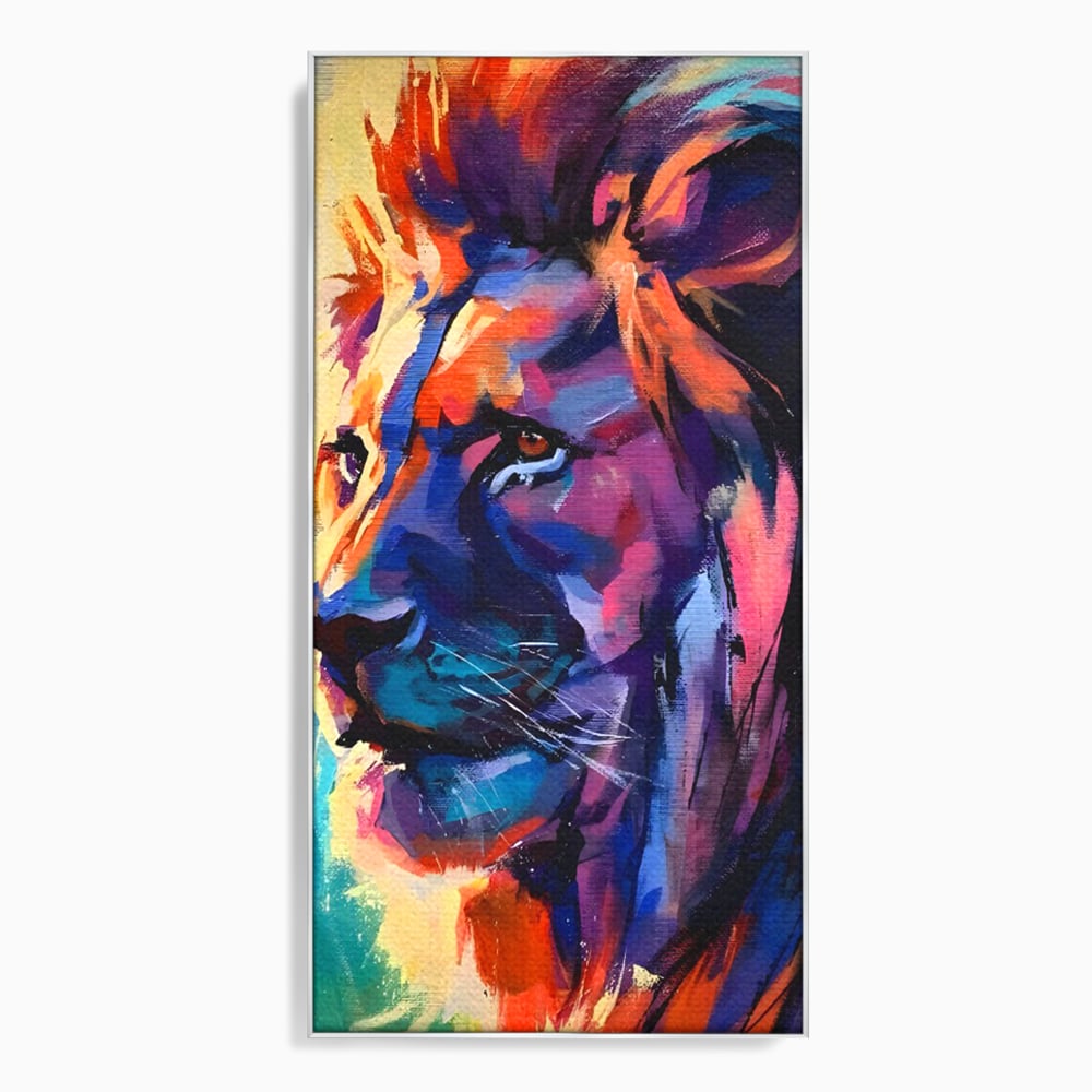 Tablou canvas cu tablou canvas cu leu colorat, in rama de aluminiu argintiu