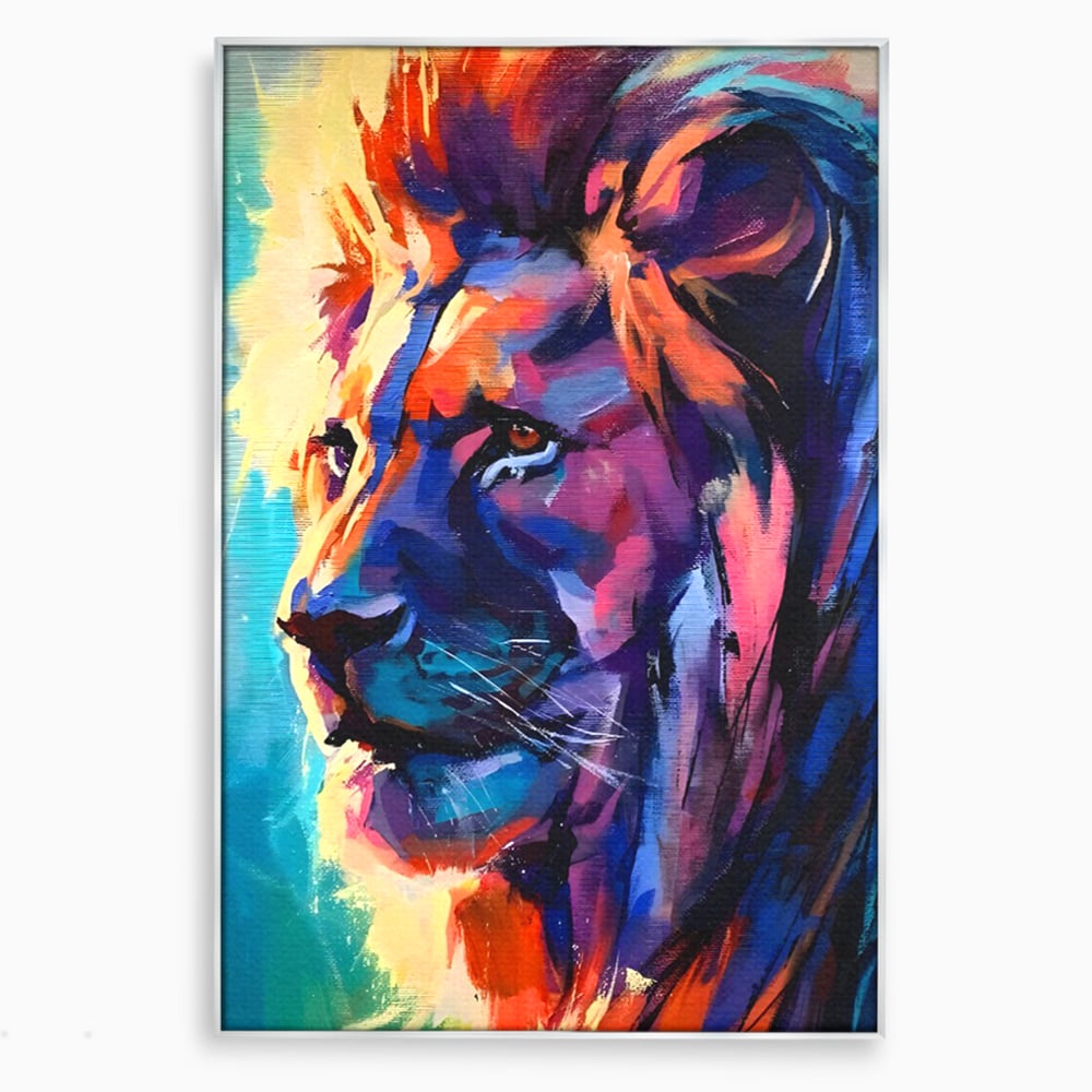 Tablou canvas cu tablou canvas cu leu colorat, in rama de aluminiu argintiu