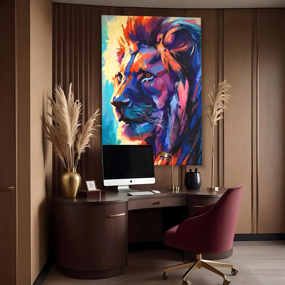 Tablou canvas cu tablou canvas cu leu colorat, fara rama, pe sasiu de lemn, pe perete intr-un birou