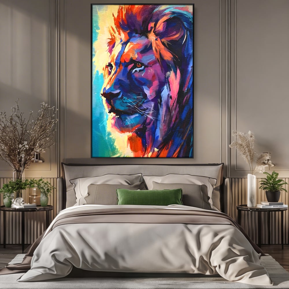 Tablou canvas cu tablou canvas cu leu colorat, in rama de aluminiu negru, pe perete intr-un dormitor