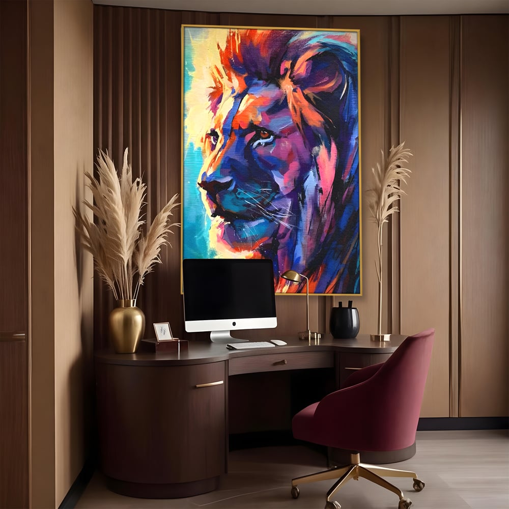 Tablou canvas cu tablou canvas cu leu colorat, in rama de aluminiu auriu, pe perete intr-un birou