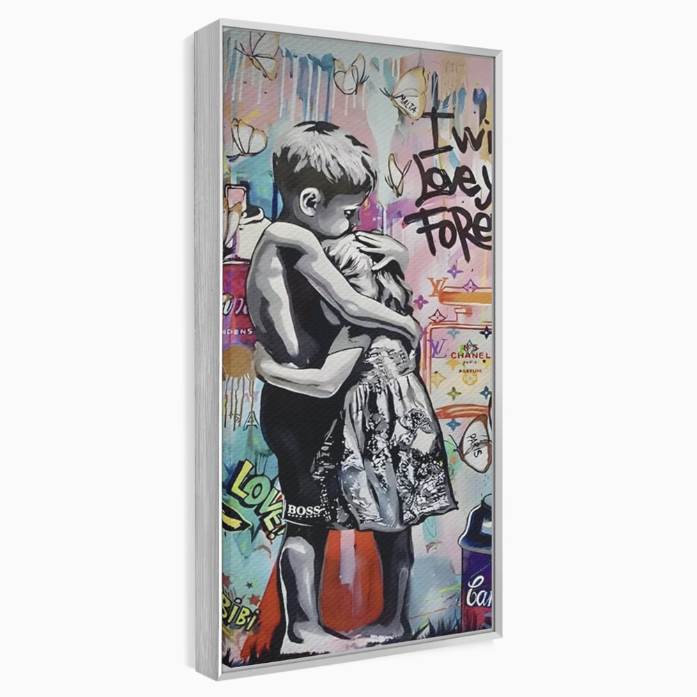Tablou canvas cu tablou canvas cu doi copii imbratisati, in rama de aluminiu argintiu